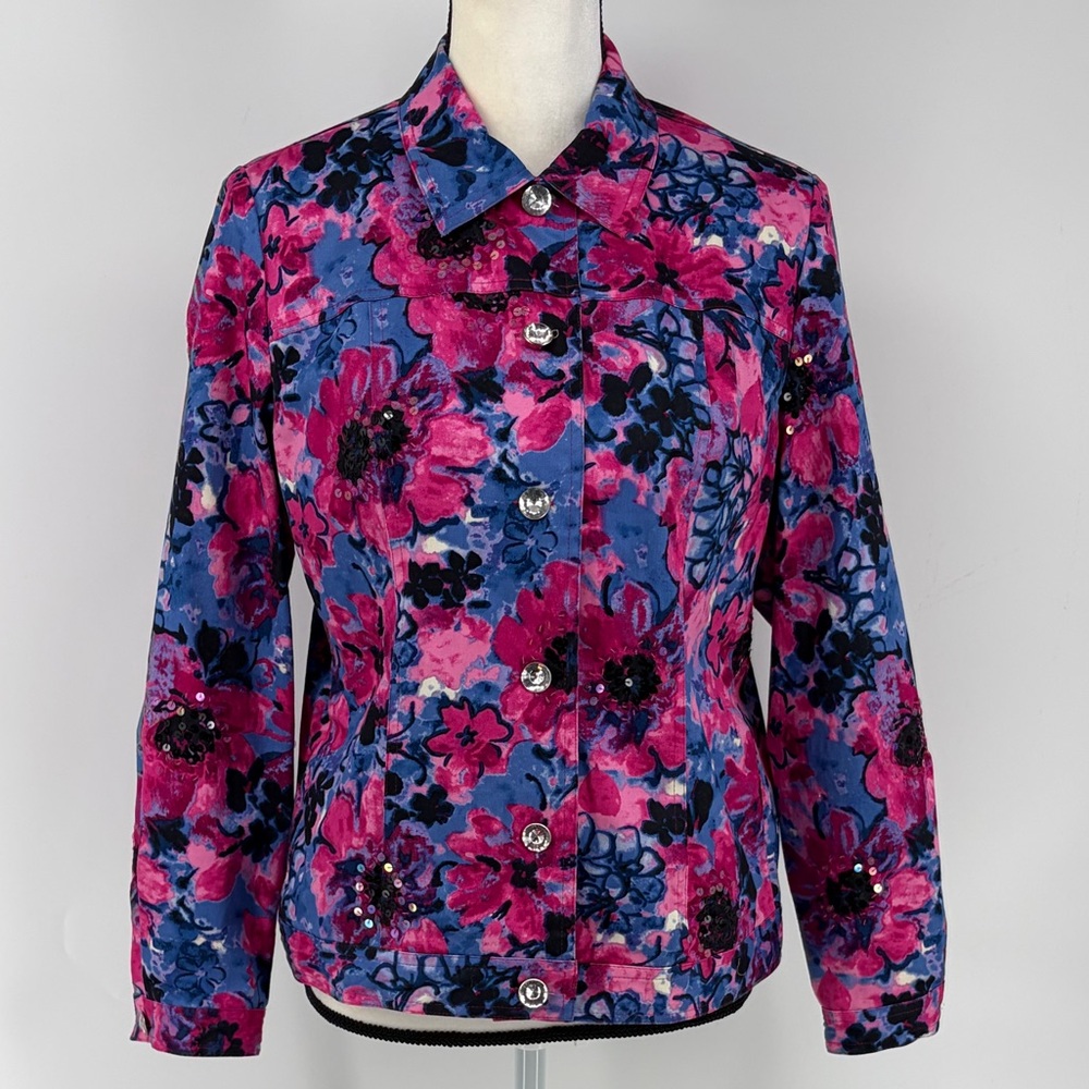 Laura Ashley Jacket Pink Blue Multi Sequin Floral Bead Rhinestone Blazer PM